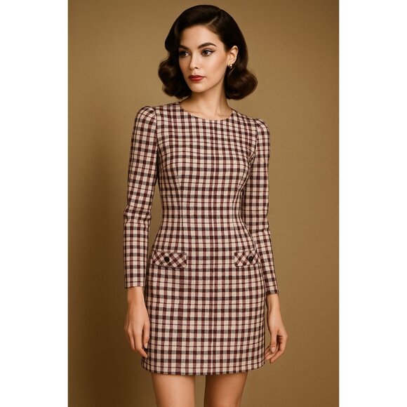 Dress by Choice 6 Vintage 90s Long Sleeve Retro Plaid Mini Knee Length Pencil - Picture 1 of 8